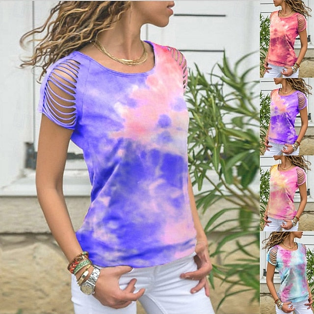 Women's T Shirt Tee Top Print Hole Tie Dye Fashion Stylish