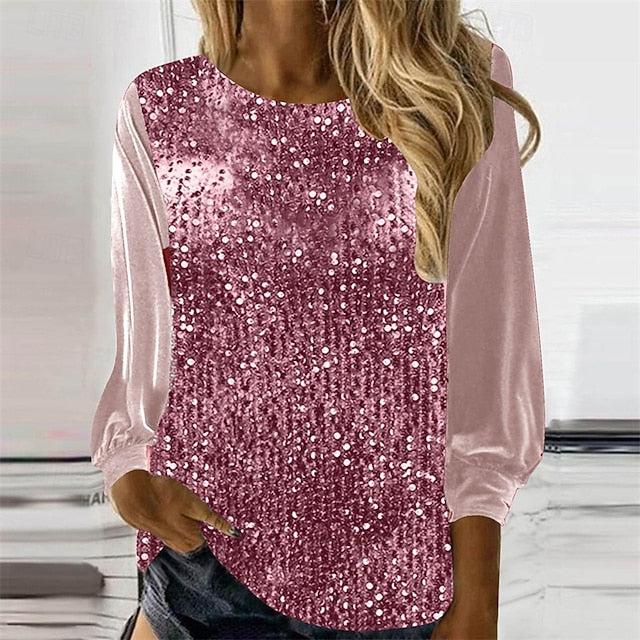 Women's T Shirt Tee Top Sequins Patchwork Solid Color