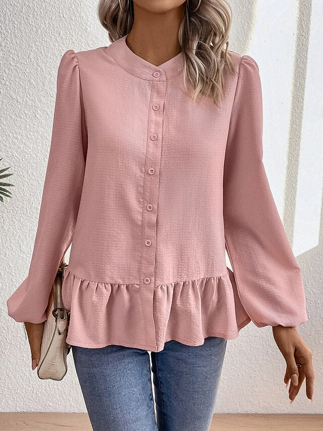 Women's Shirt Blouse Ruffle Blouse Patchwork Buttons Plain