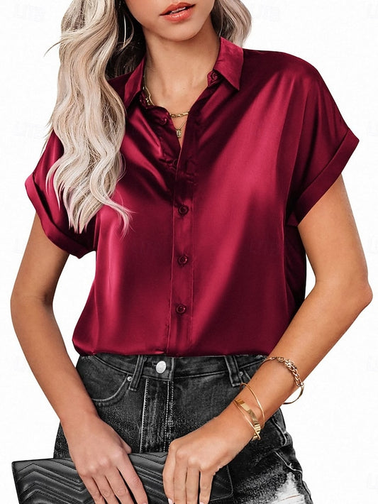 Women's Shirt Elegant Dressy Satin Top Buttons Solid Color
