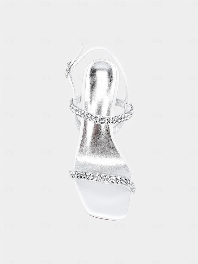 Heel Block White Women's Rhinestone Bridal Sandals Prom –