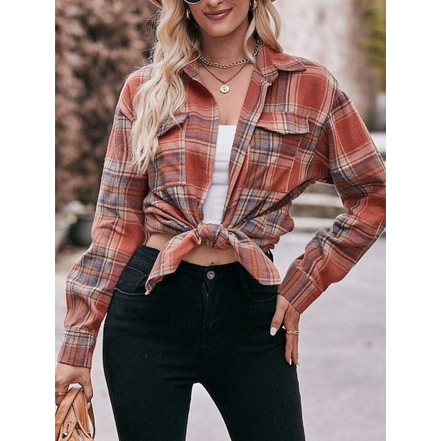 Women's Shirt Pocket Buttons Print Plaid Vintage Tropical