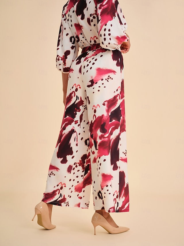 Women's Blouse Wine Abstract Print Standing Collar Casual