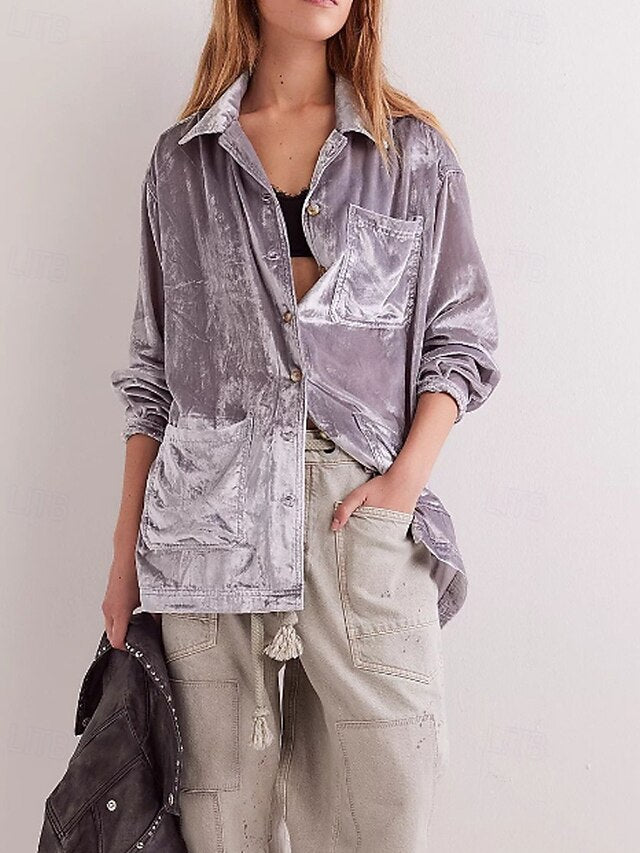 Women's Shirt Velvet Elegant Dressy Buttons Plain Vintage