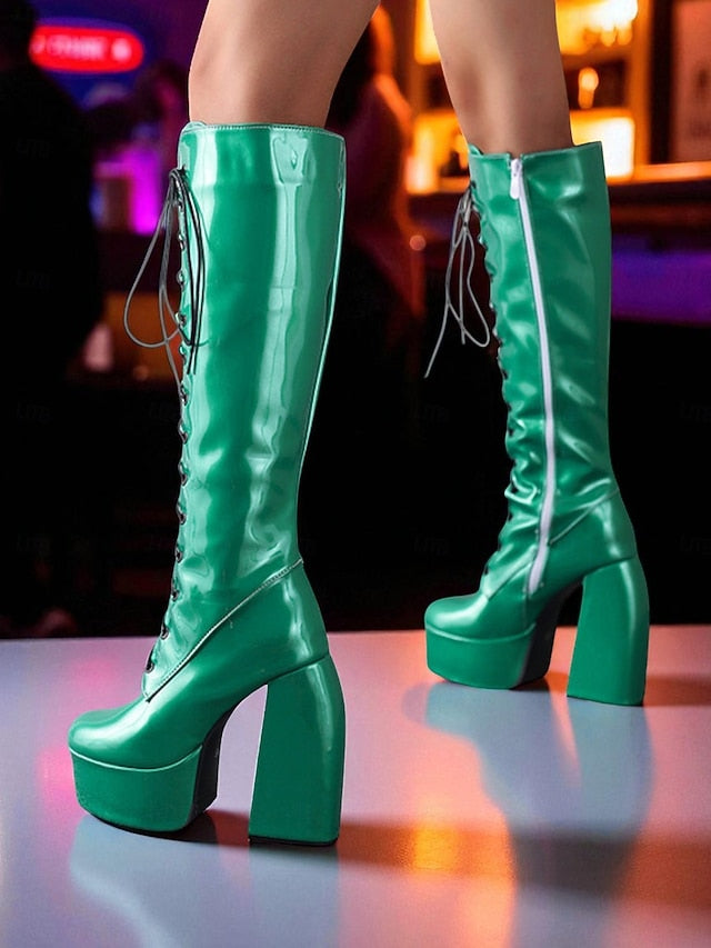 - Metallic Platform Knee High Women's Lace-Up Silver Boots