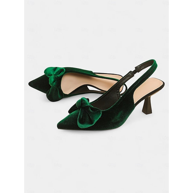 Velvet Pointed Toe Women's with Bow Slingback Heels Blue
