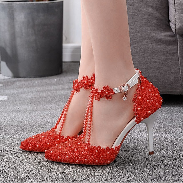 Shoes Heel Lace High Women's Bridal Pointed Wedding