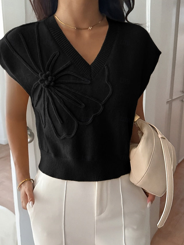 Women's Y2K Knit Tee Elastic Waist 3D Appliques Solid Color