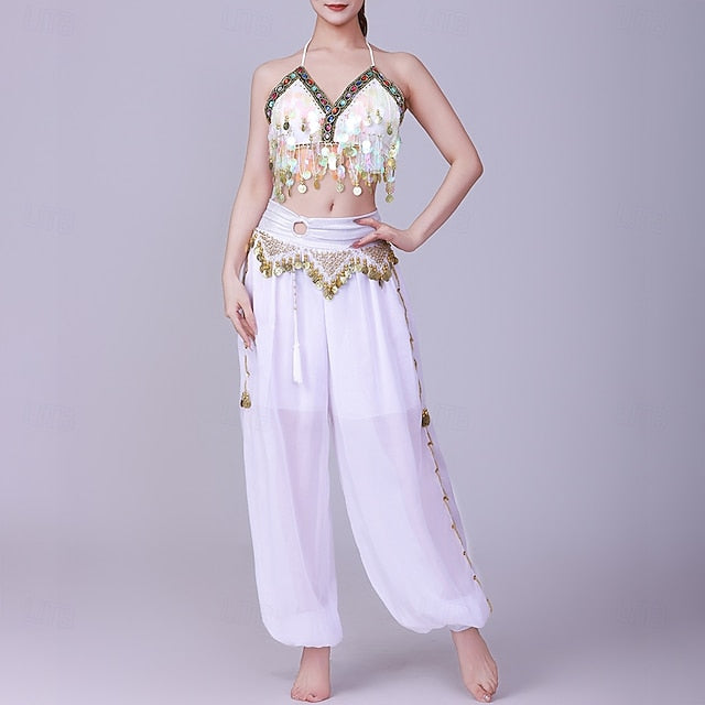 Latin Dance Top Gold Coin Pure Color Splicing Women's