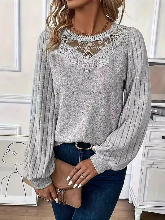 Women's Elegant Lace Tops Eyelet Blouse Casual Solid Color
