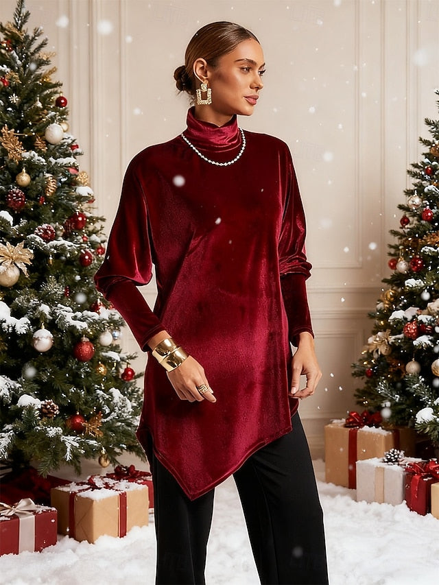 Christmas Women's Velvet Dressy Tops Asymmetric Elegant