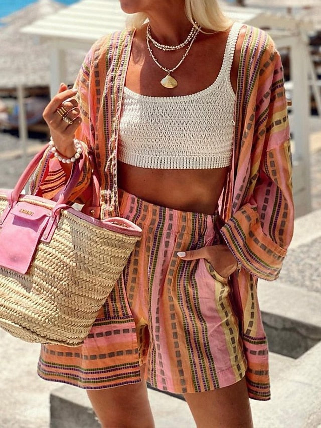 Women's Shorts Sets Long Sleeve Shirt Collar Striped Print
