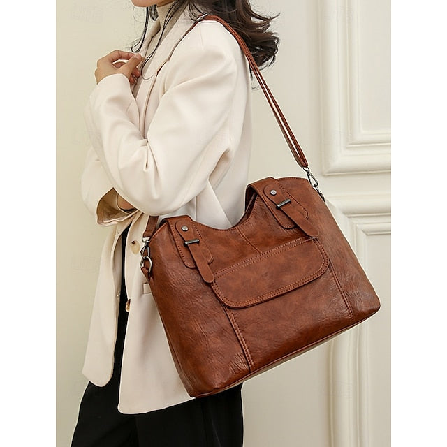 Sac fourre-tout en similicuir marron pour femme avec double compartiment vintage