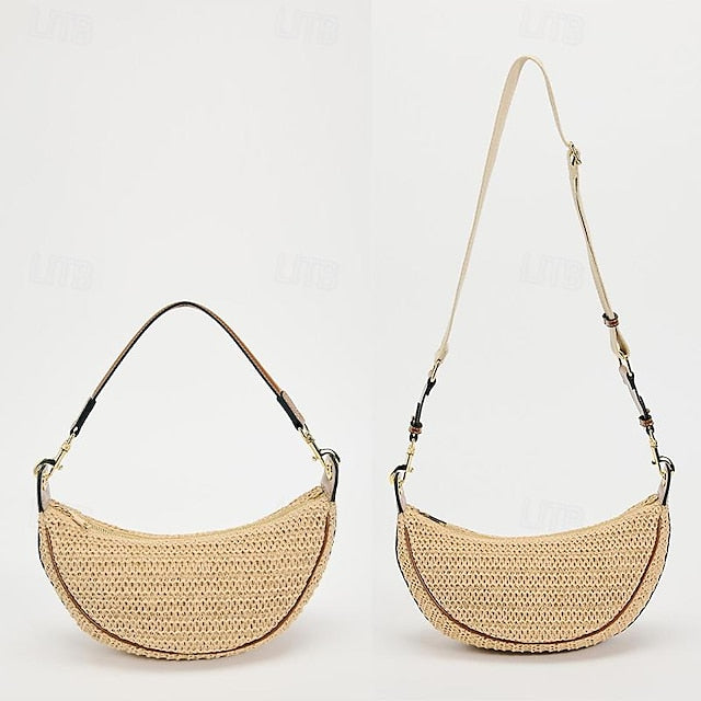 Sac bandoulière bohème en cuir de paille pour femme avec bandoulière réglable