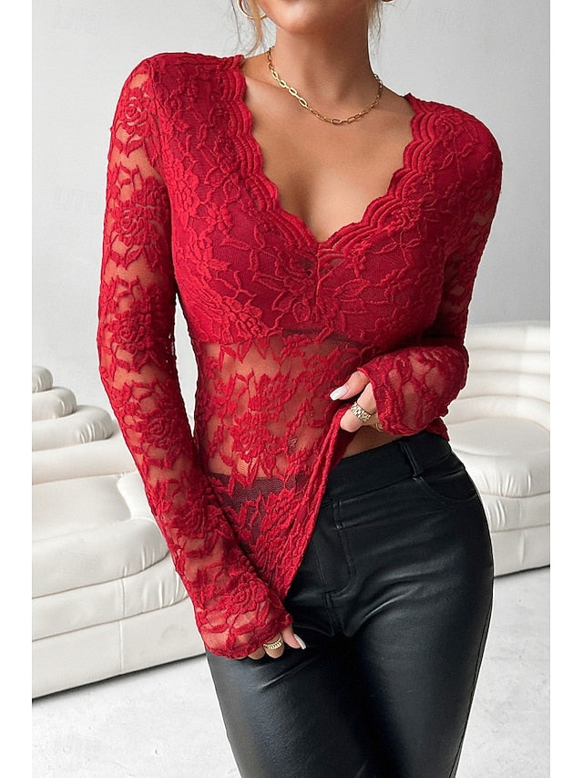 Women's Blouse Lace Tops Lace Plain Stylish Long Sleeve V