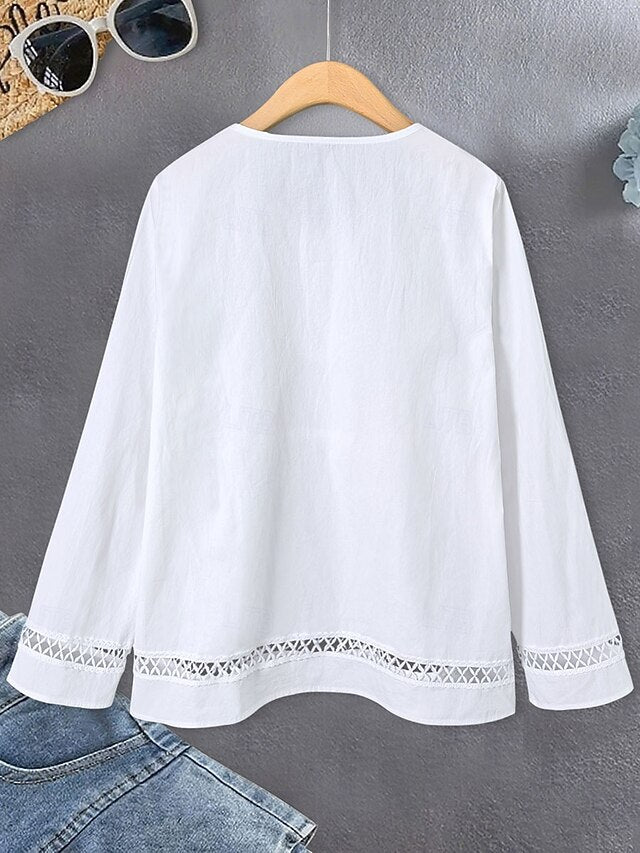 Women's Shirt Blouse Ruched Patchwork Embroidered Floral