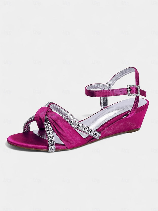 Satin Wedge Sandals Green Women's - Knot Rhinestone