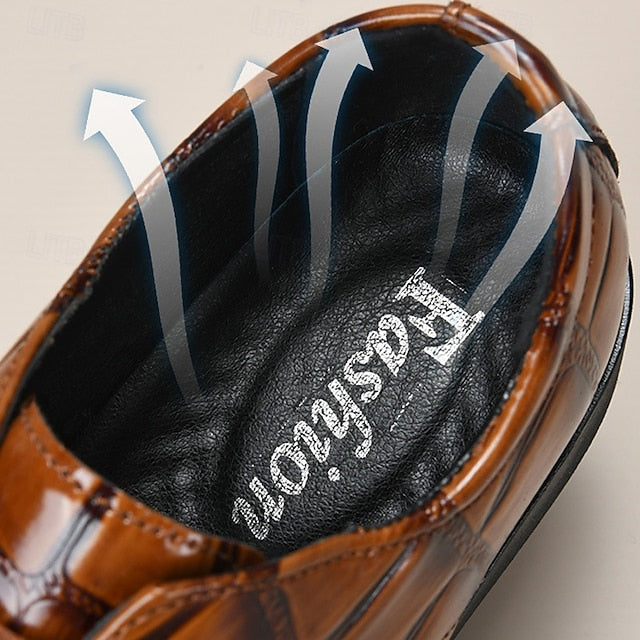 Crocodile-Pattern Brown Leather Shoes Men's