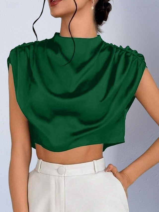 Women's Shirt Satin Shirt Blouse Wrap Crop Top Ruched Plain