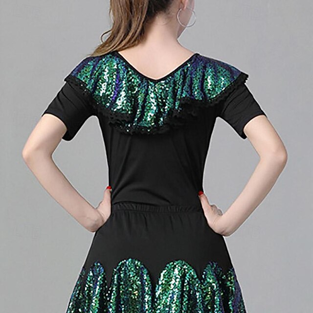 Latin Dance Ballroom Dance Top Ruffles Pure Color Splicing