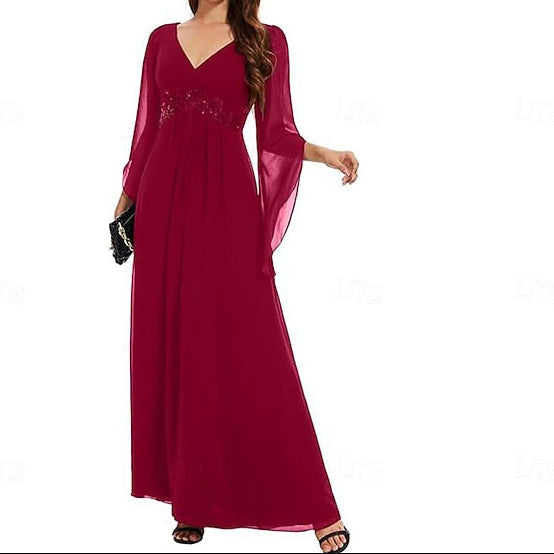 A-Line Dress Floor the Bride Mother V Neck Simple Elegant of
