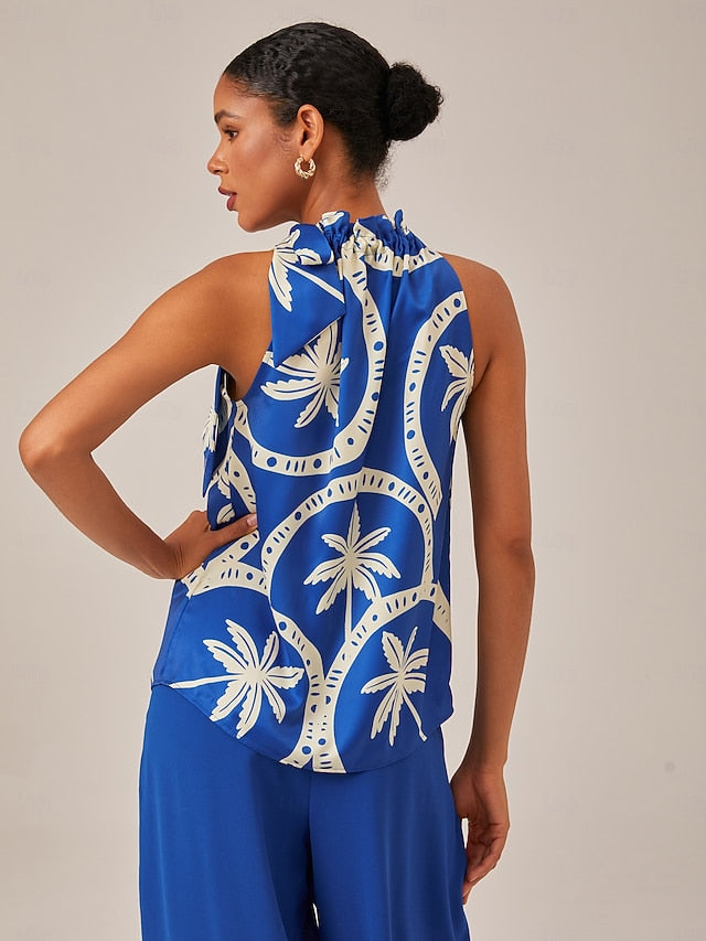 Geometric Print Sleeveless Top with Ruffle Tie Neck