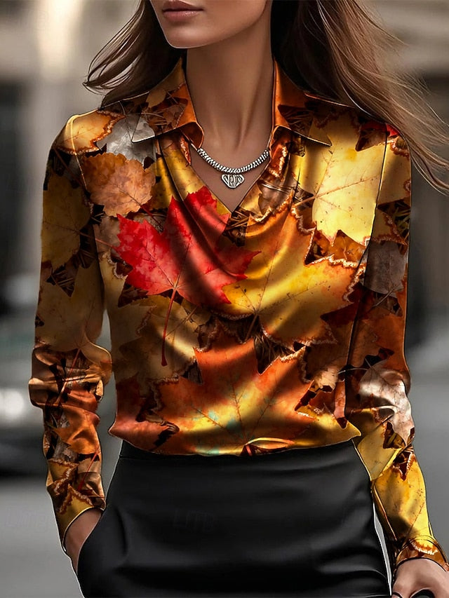 Women's Shirt Print Draped Leaf Elegant Stylish Casual Long