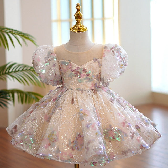Color Dress Sleeve Party Kids Girls' Solid Short
