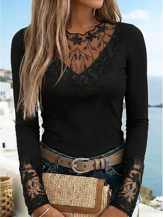 Women's T Shirt Burgundy Tee Mesh Patchwork Top Lace