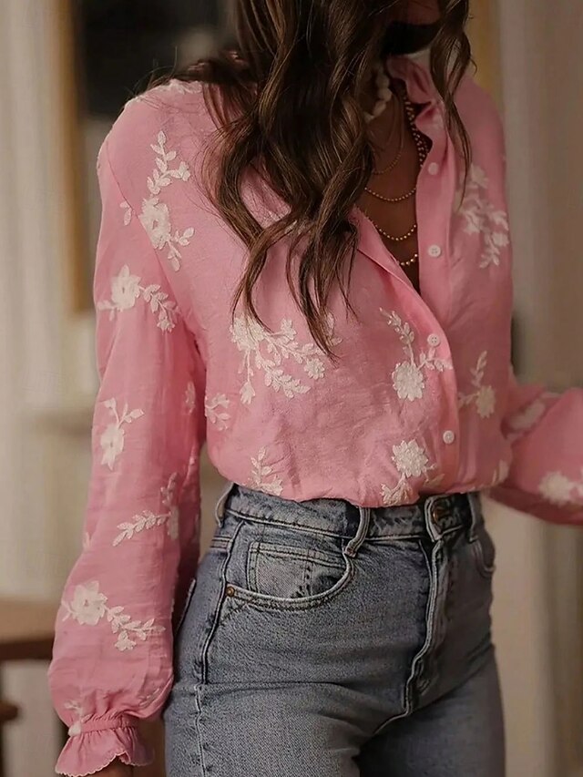 Women's Blouse Embroidered Buttons Floral Stylish Casual