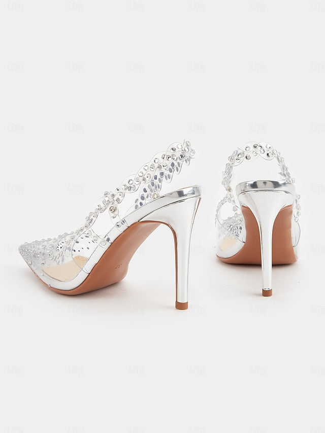 Rhinestone Clear Slingback Pointed Heels Toe with Women's