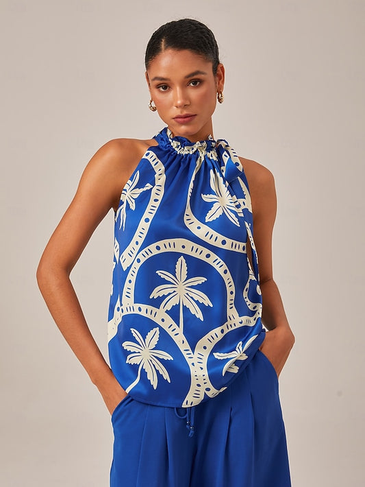 Geometric Print Sleeveless Top with Ruffle Tie Neck