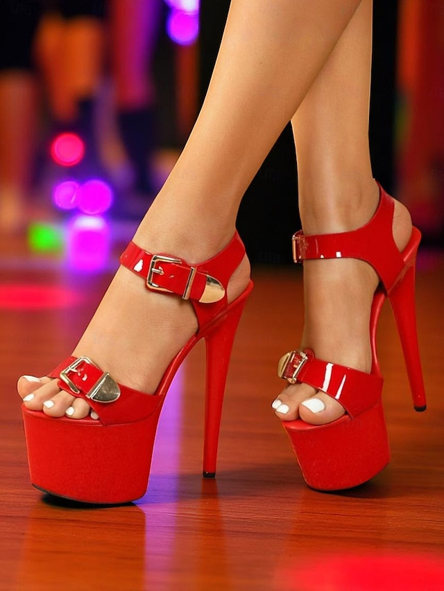 Patent High Heels Gold Buckle with Platform Women's White
