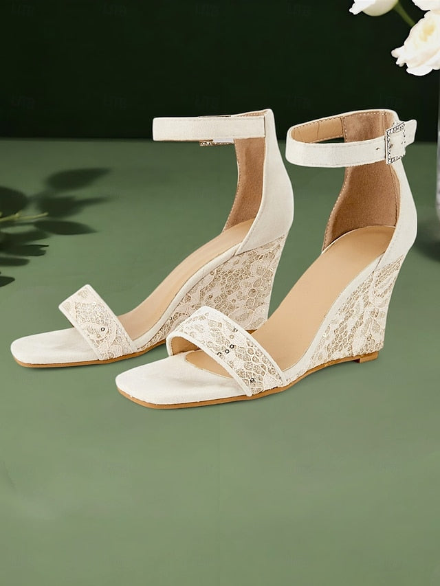Heel Strap Women for Stylish White Sandals Lace – Wedge Ankle