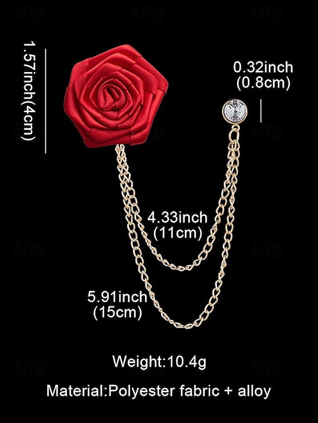 Men's Lapel Pin Rose with Chain Gold Elegant – Red