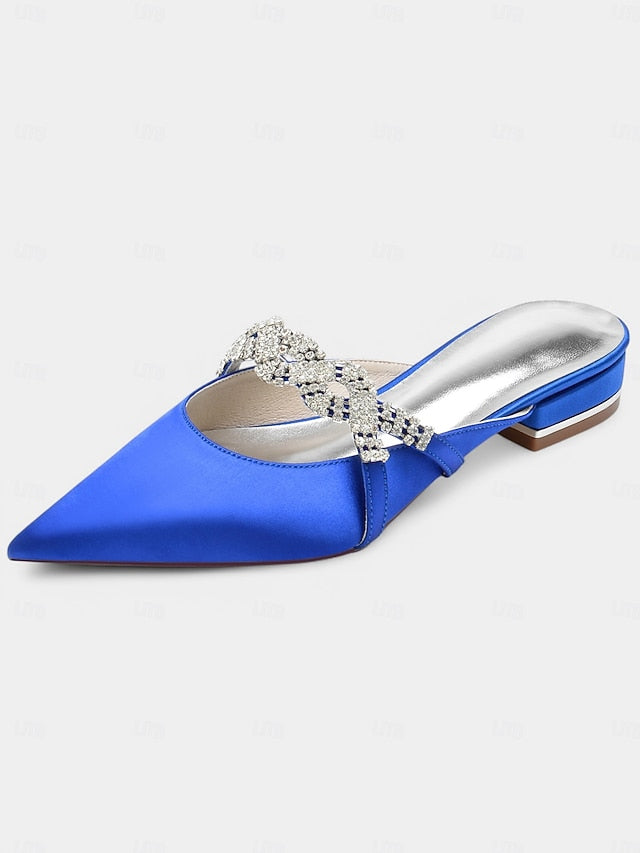with - Detailing Mule Blue Rhinestone Pointed-Toe Satin Heels