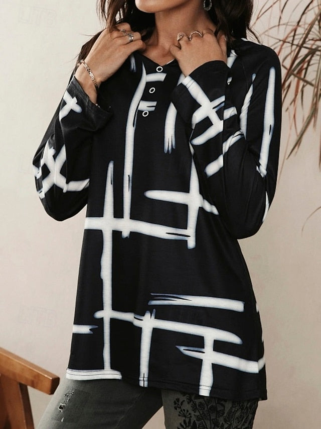 Women's T Shirt Buttons Plaid Basic Long Sleeve Flutter