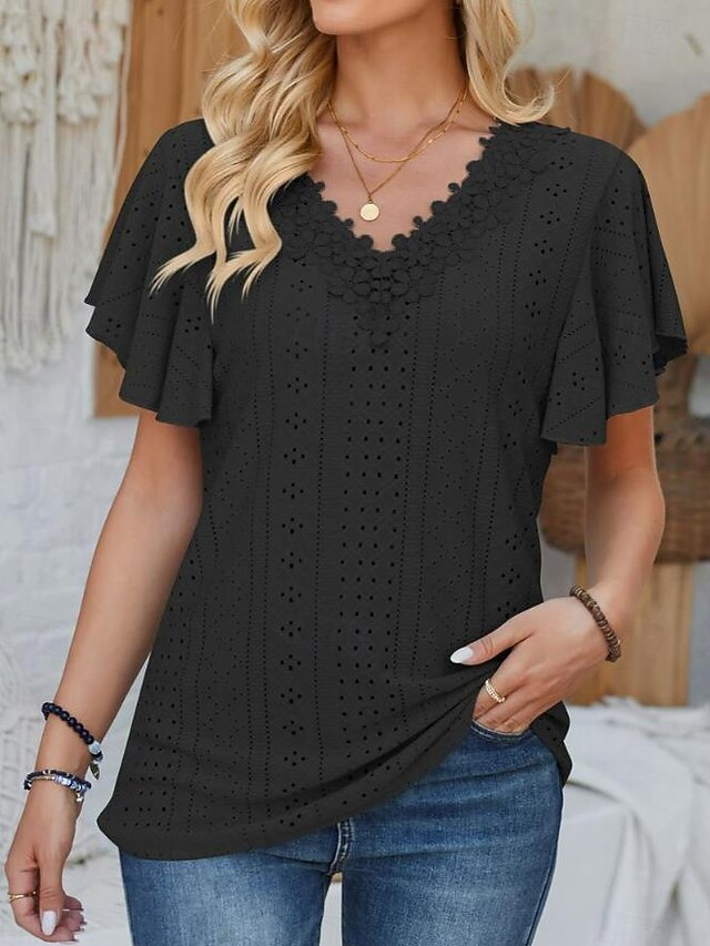 Women's Pointelle Shirt Eyelet Top Lace Shirt Lace Short