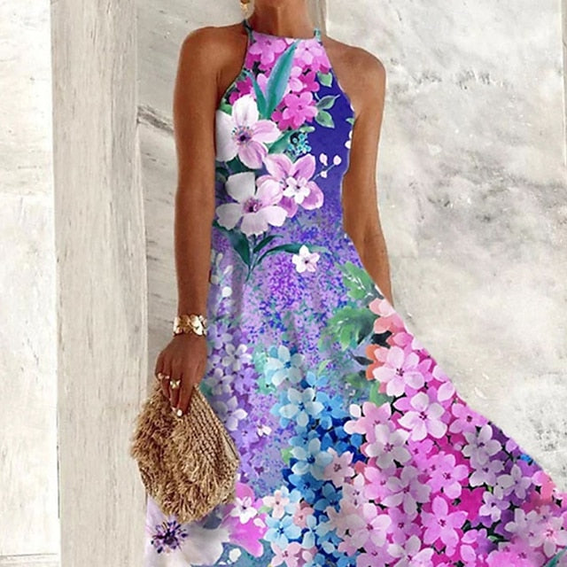 Women's Midi Dress Floral Dress Halter Neck Dress Print