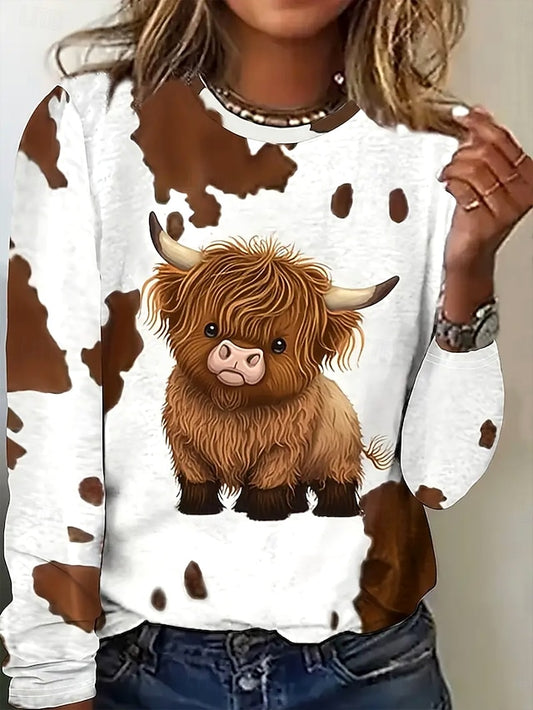 Women's T shirt Long Sleeve Graphic Animal Cow Vintage