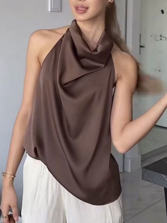 Women's Shirt Satin Shirt Blouse Sleeveless Shirt Plain