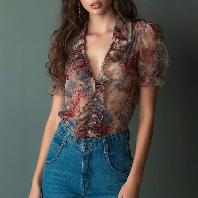 Women's Shirt Boho Shirt Blouse Ruffle Shirt Ruffle Floral
