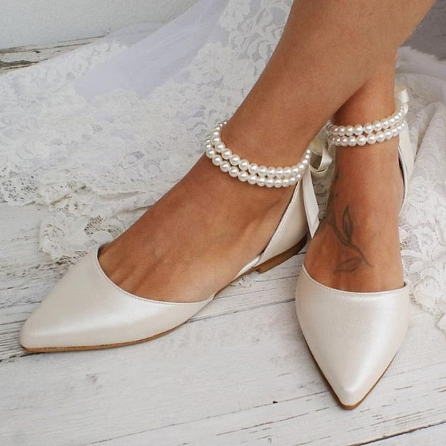 Flats Strap Bridal Pearl – Elegant White Ankle Women's
