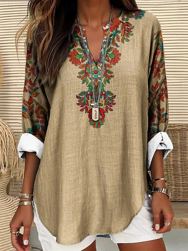 Women's Blouse Linen Like Breathable Lightweight Tunic V