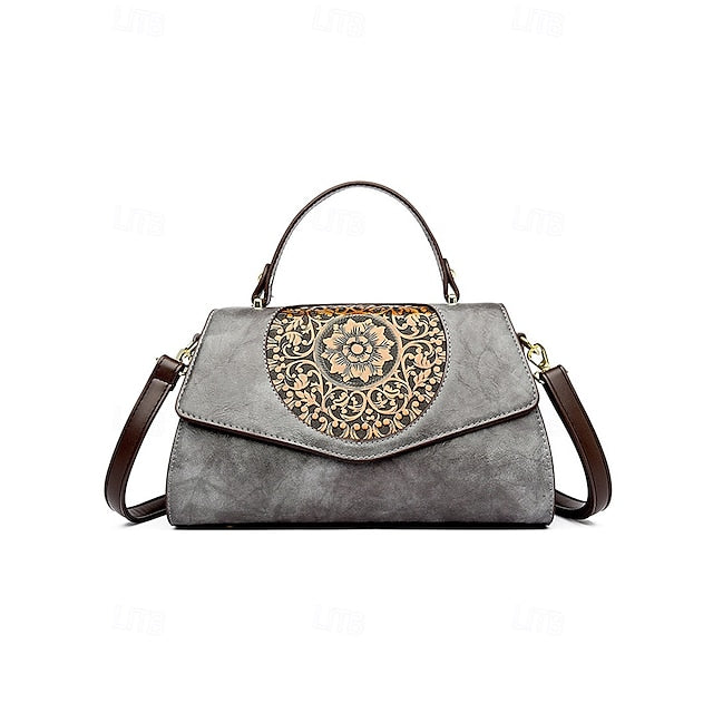 Floral – Faux Vintage Engraved Handbag Leather Women's