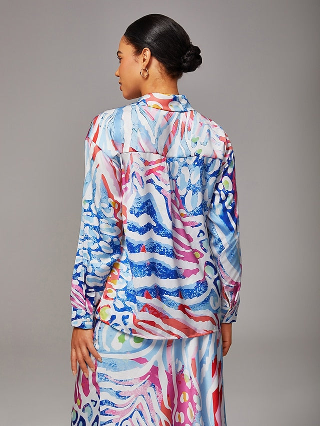 Women's Watercolor Leopard Print Satin Loose Short Shirt
