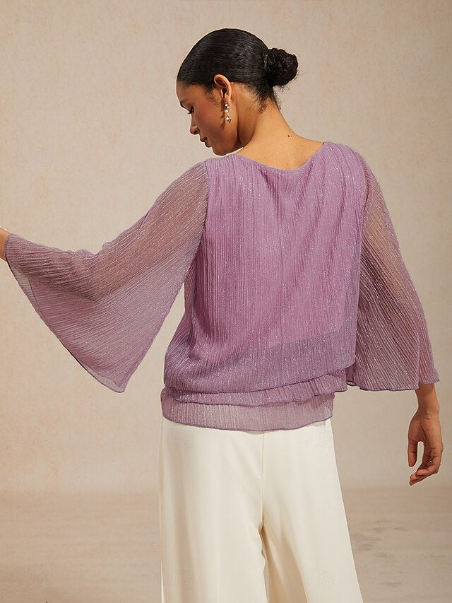 Women's Blouse Chiffon Tops Pleated Layered Metallic