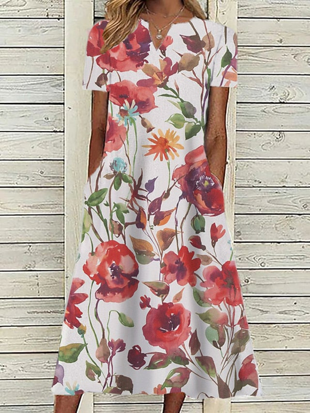 Women's Pink Dress Floral Graphic Print V Neck Midi Dress