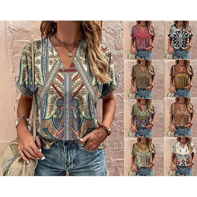 T shirt Tee Women's Black+white+grey Yellow Red Geometic