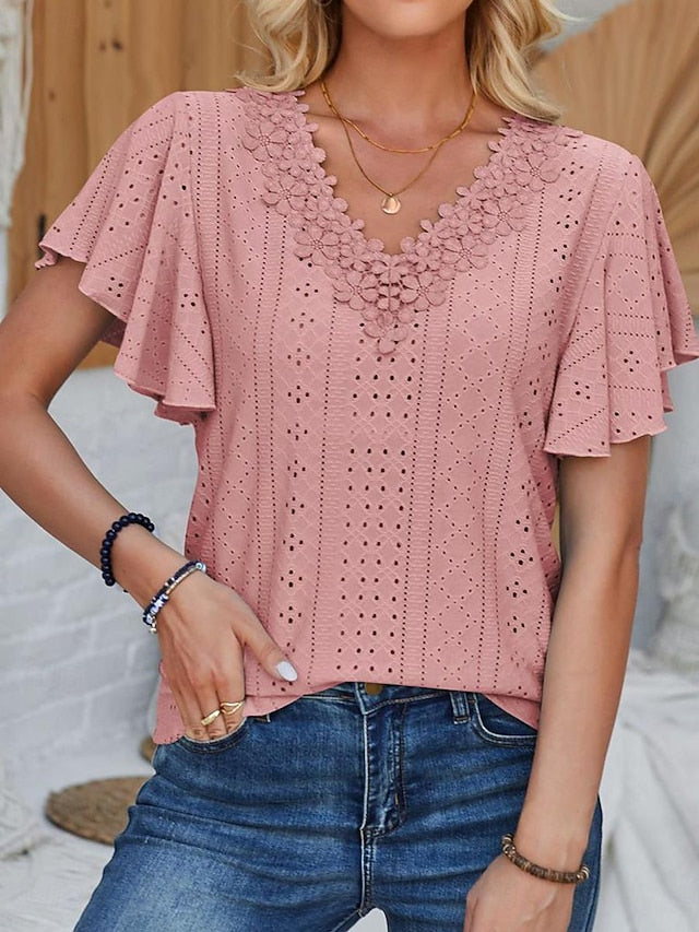 Women's Pointelle Shirt Eyelet Top Lace Shirt Lace Short
